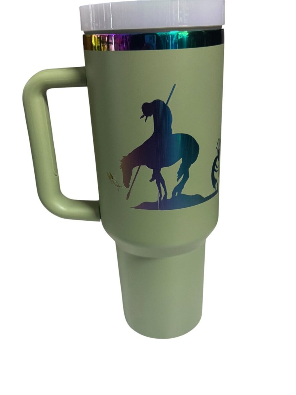 Native American Theme Insulated Tumbler with Handle, Sage Green